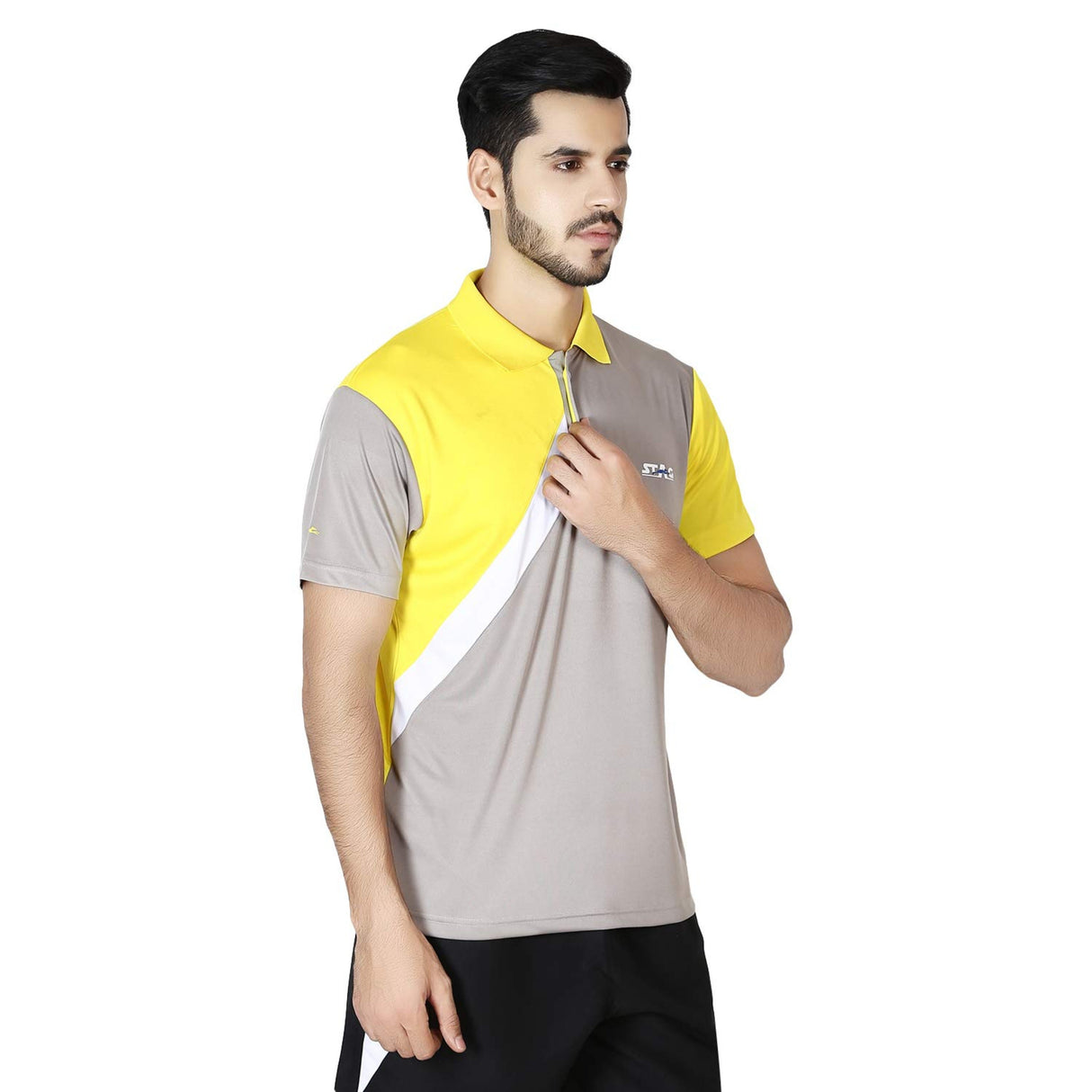 STAG GLOBAL Shell Grey & Yellow Men's Athletic Fit Polo T-Shirt | Solid Sportswear for Active & Casual Use