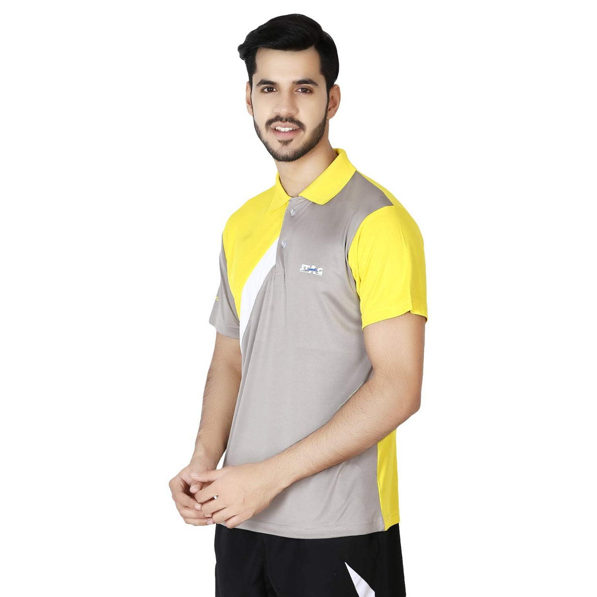 STAG GLOBAL Shell Grey & Yellow Men's Athletic Fit Polo T-Shirt | Solid Sportswear for Active & Casual Use