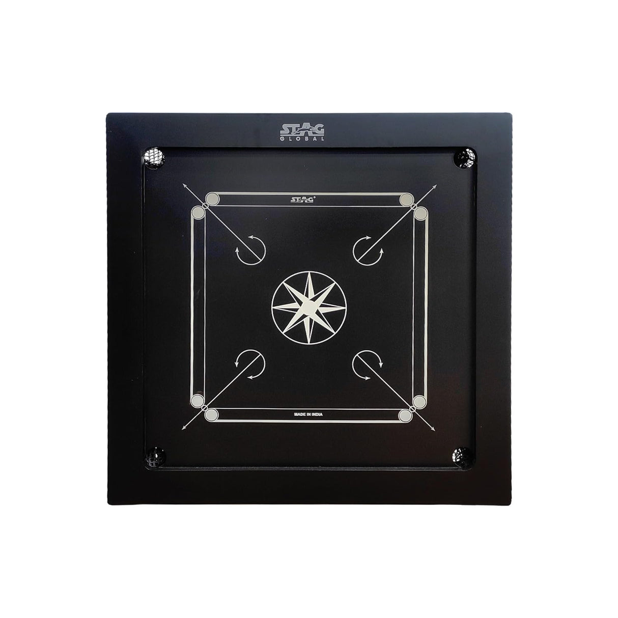 STAG GLOBAL Professional Black Carrom Board on Wheels | 9 Neon Green & 9 Orange Coins Striker