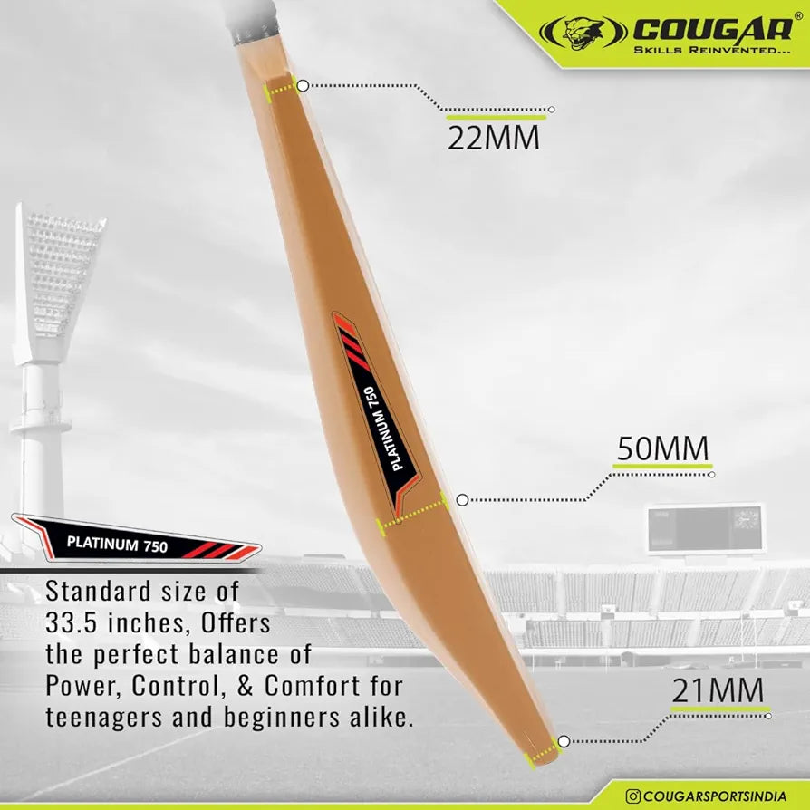 COUGAR Platinum‑750 Plastic Cricket Bat | 33.5" Standard Size | 500 g Weight, Durable PVC Blade | Rubber Grip, Plastic Handle, Brown | Ages 13+ Teens & Adults | Practice & Training