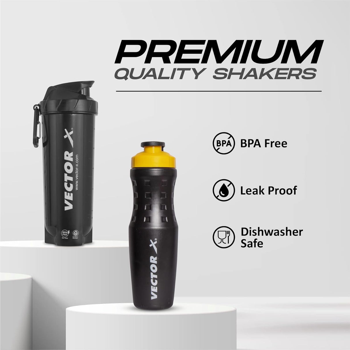 VECTOR X Energy Shaker & Active Bottle for Protein Shake Gym Sipper Shaker 750 ml Shaker (Pack of 2, Black, Plastic)
