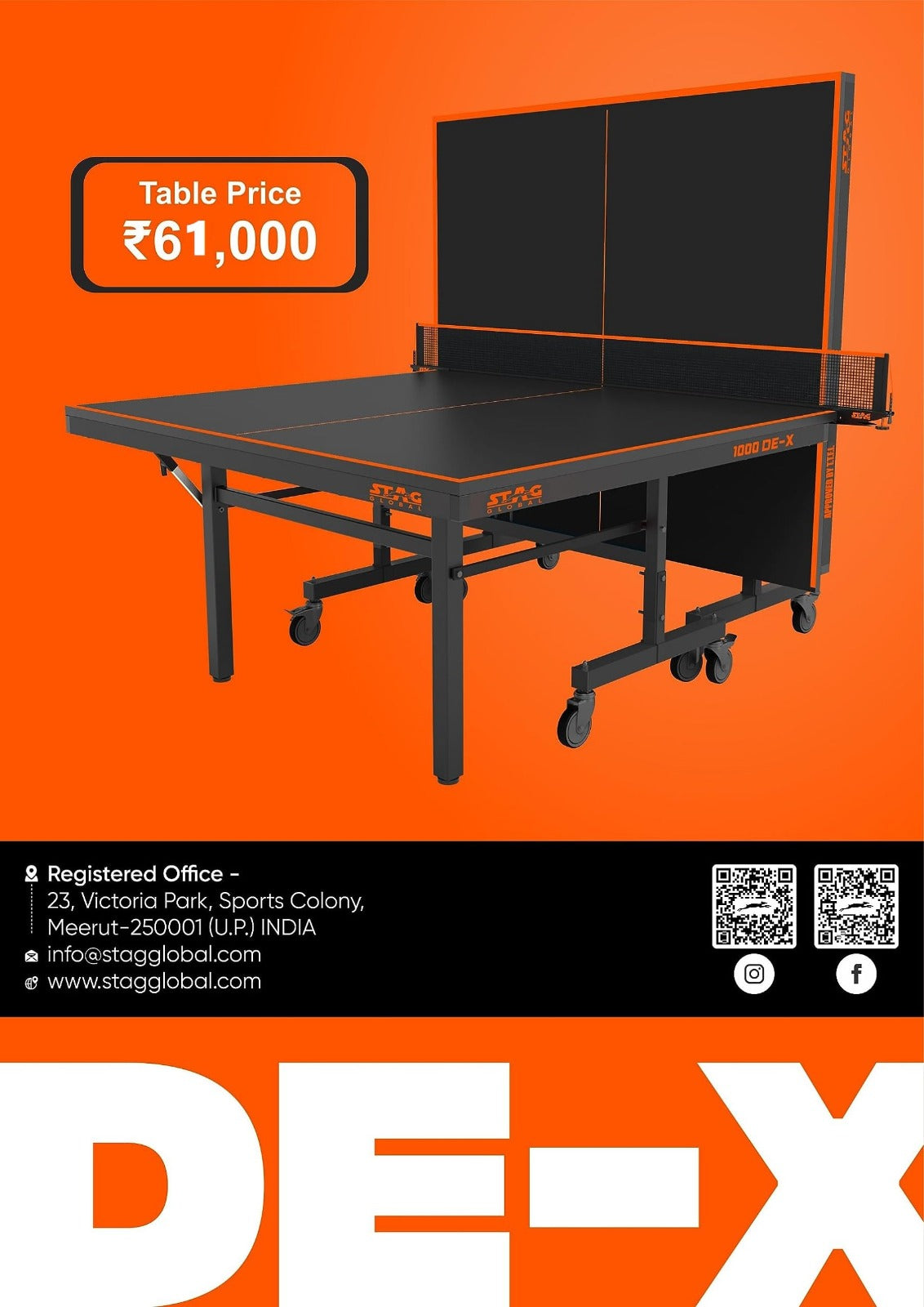 STAG GLOBAL 1000 DE-X Table Tennis Table | Full Size Professional Table with 1 Table Cover | 2 TT Rackets | 6 Balls | 1 Clamp Net
