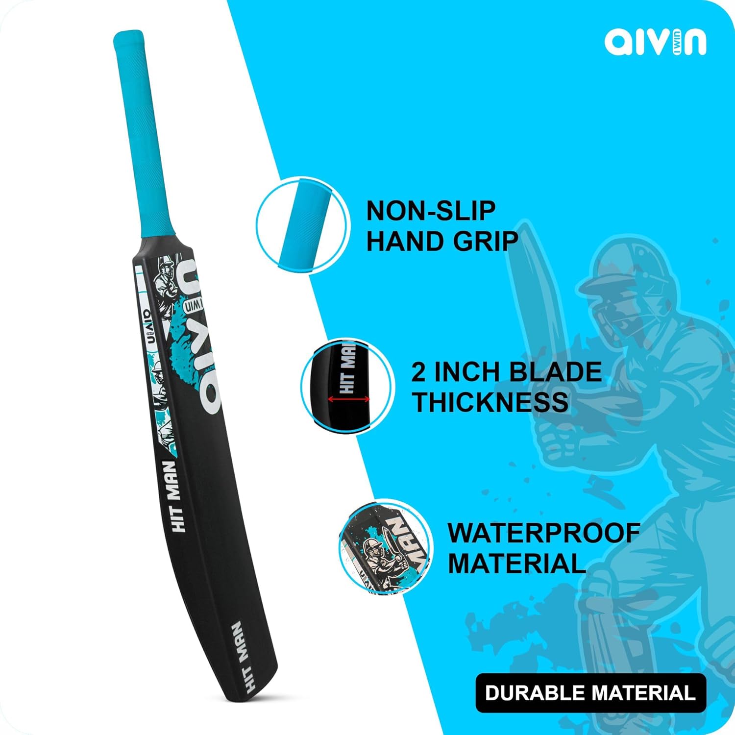 Aivin HIT-MAN Heavy Duty PVCPlastic Cricket Bat, Standrad Size (34” X 4”) Premium Bat for All Age Groups – BoysGirlsAdults Heavy Duty Black Plastic Cricket Bat (BlackBlue)