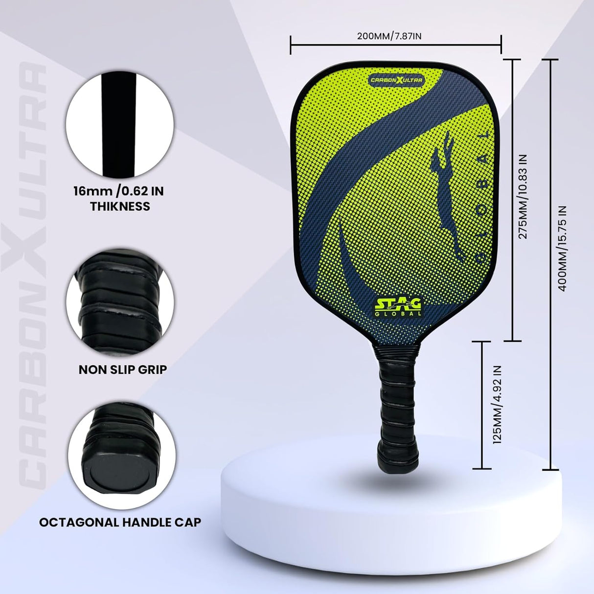 STAG GLOBAL Carbon X Ultra Pickleball Bat with 3 Balls and Cover | 16mm Pickleball Paddle | Protection for Pro-Level Play