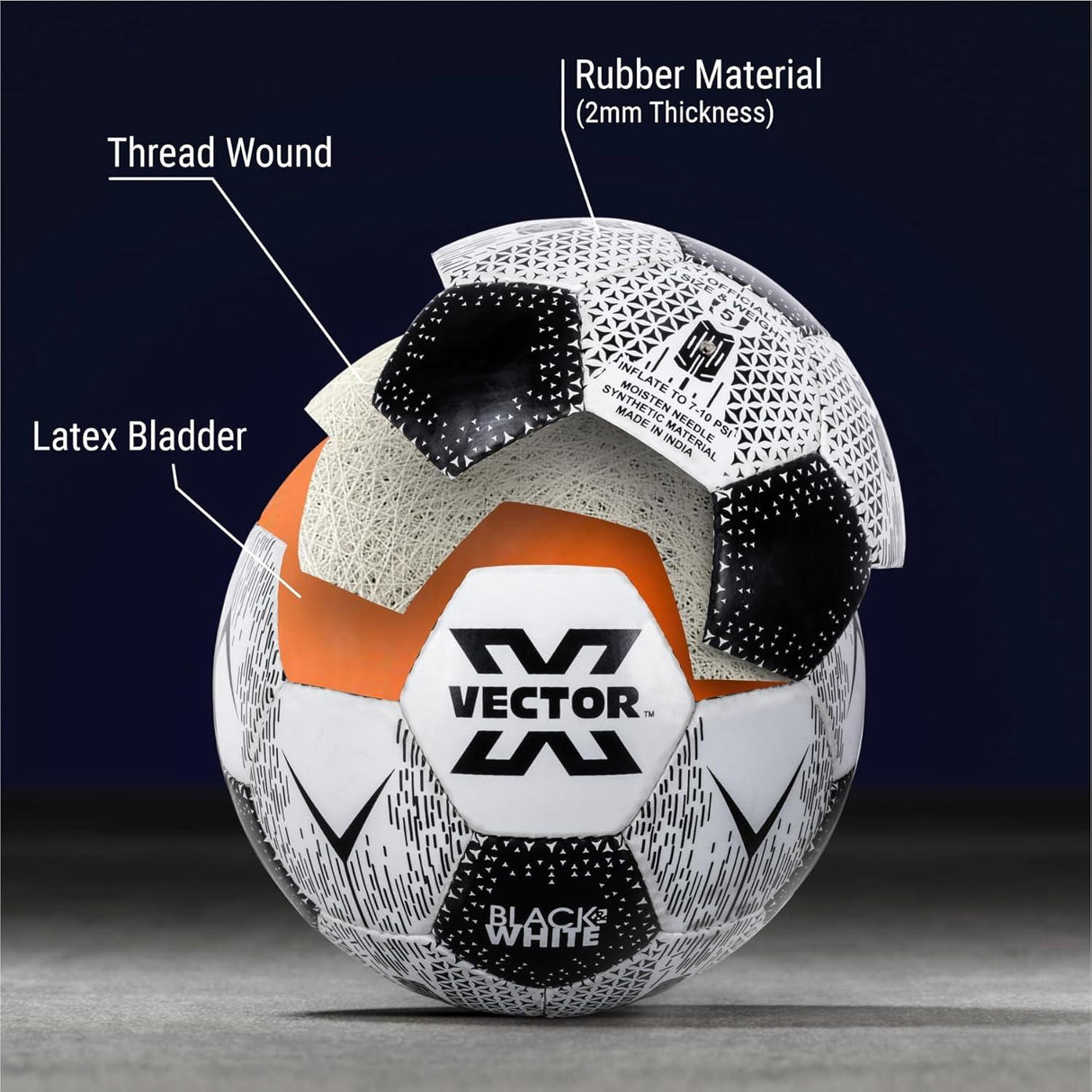 Vector X Black & White Football/Rubberized Hand Stitched Football/32 Panel/Suitable for Hard Ground Without Grass/Training Football/for Men/Women/Size - 5 (Black/White)
