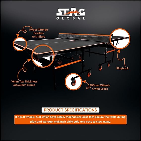STAG GLOBAL Flex Series Table Tennis TT Table | Thickness 16,19,22,25 mm with 2 TT Rackets, 6 Balls, 1 Table Cover & Clamp Net