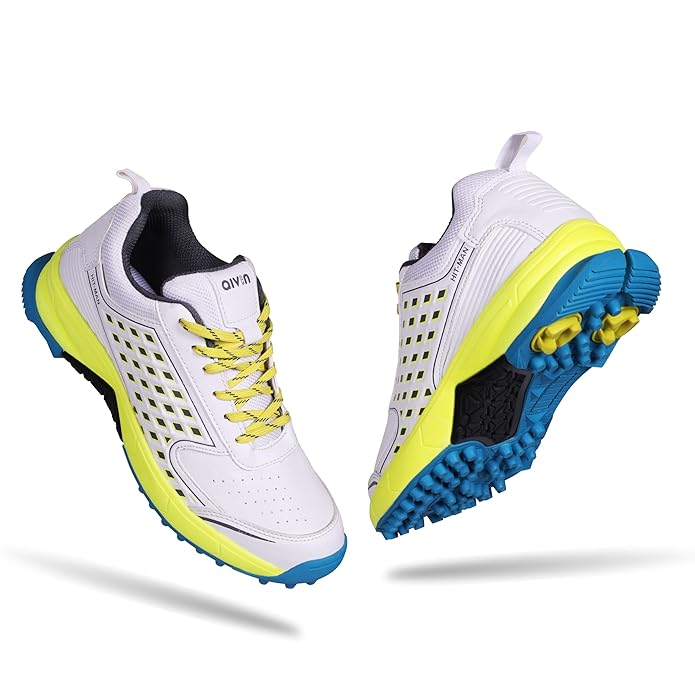 Aivin Hit-Man CRICKET SHOES for MEN, SPORTS SHOES,Rubber Stud Outsole with Mesh, CRICKET SHOES,Advanced Durable and Flexible EVA, White/Yellow