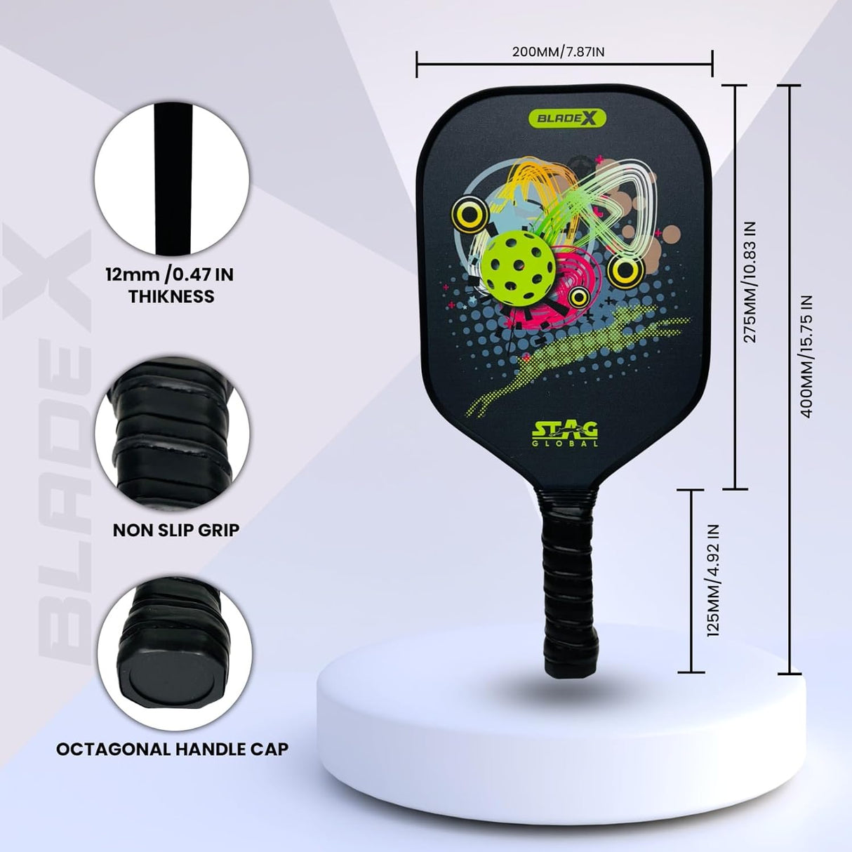 STAG GLOBAL Blade X Fiber Glass Pickleball Bat 12 mm– Lightweight, Non-Slip Grip & Protective Case
