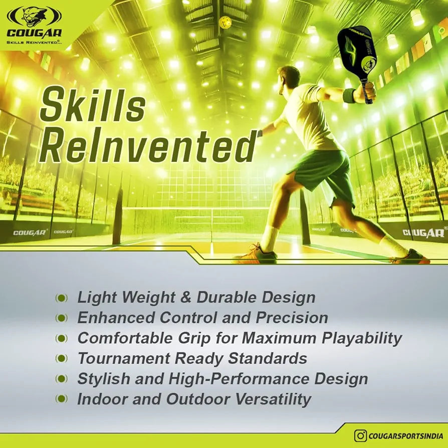 COUGAR Carbon Fibre Pickleball Paddle, Polypropylene Honeycomb Core, 19 mm Thickness, Premium Grip, 225g, 1 Paddle & 1 Performance Balls with Carry Bag