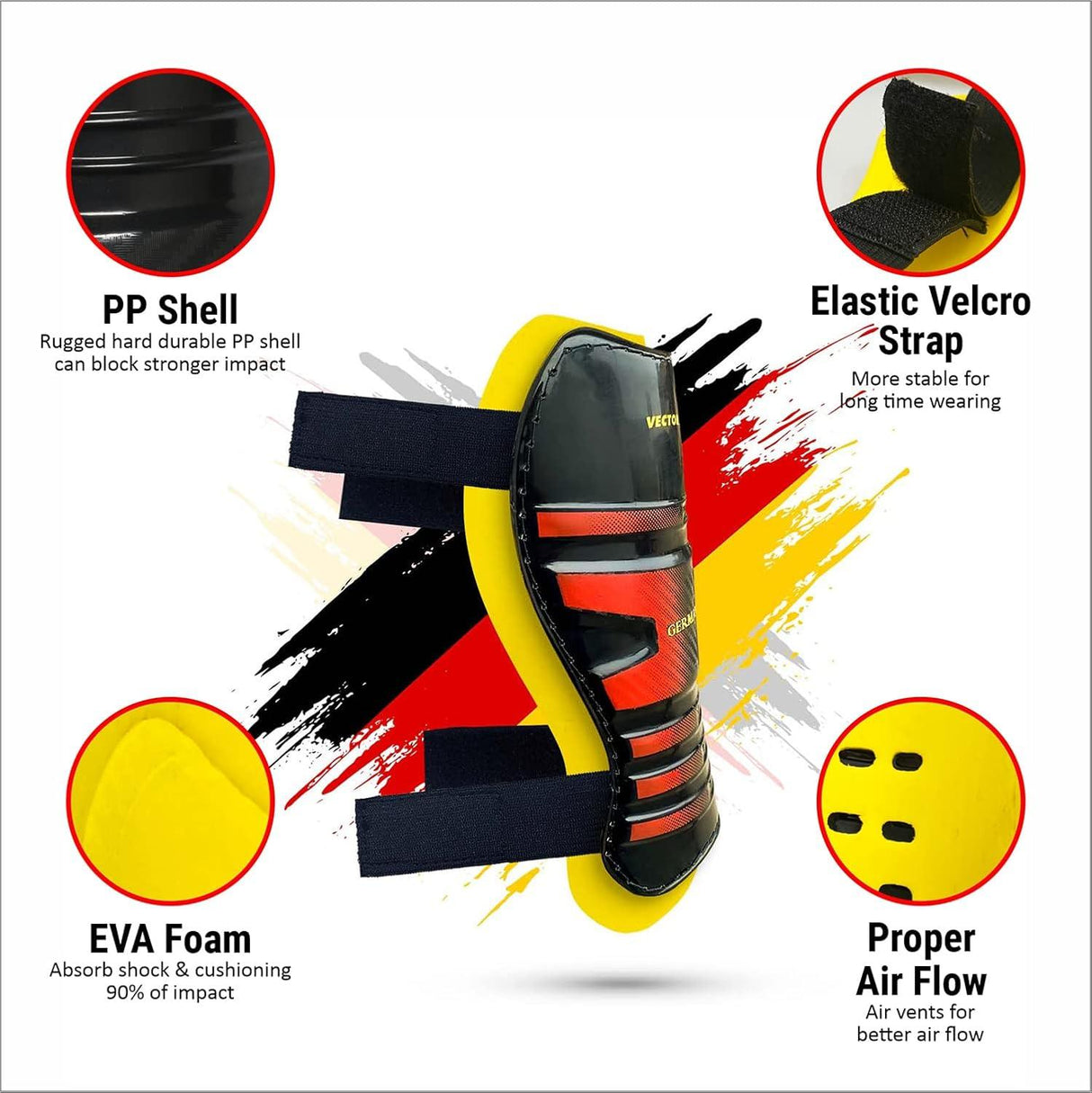 Vector X Germany Shin Guards Soccer with Adjustable Straps for Boys Girls Teenagers Adults - Comfortable and Durable-S/M