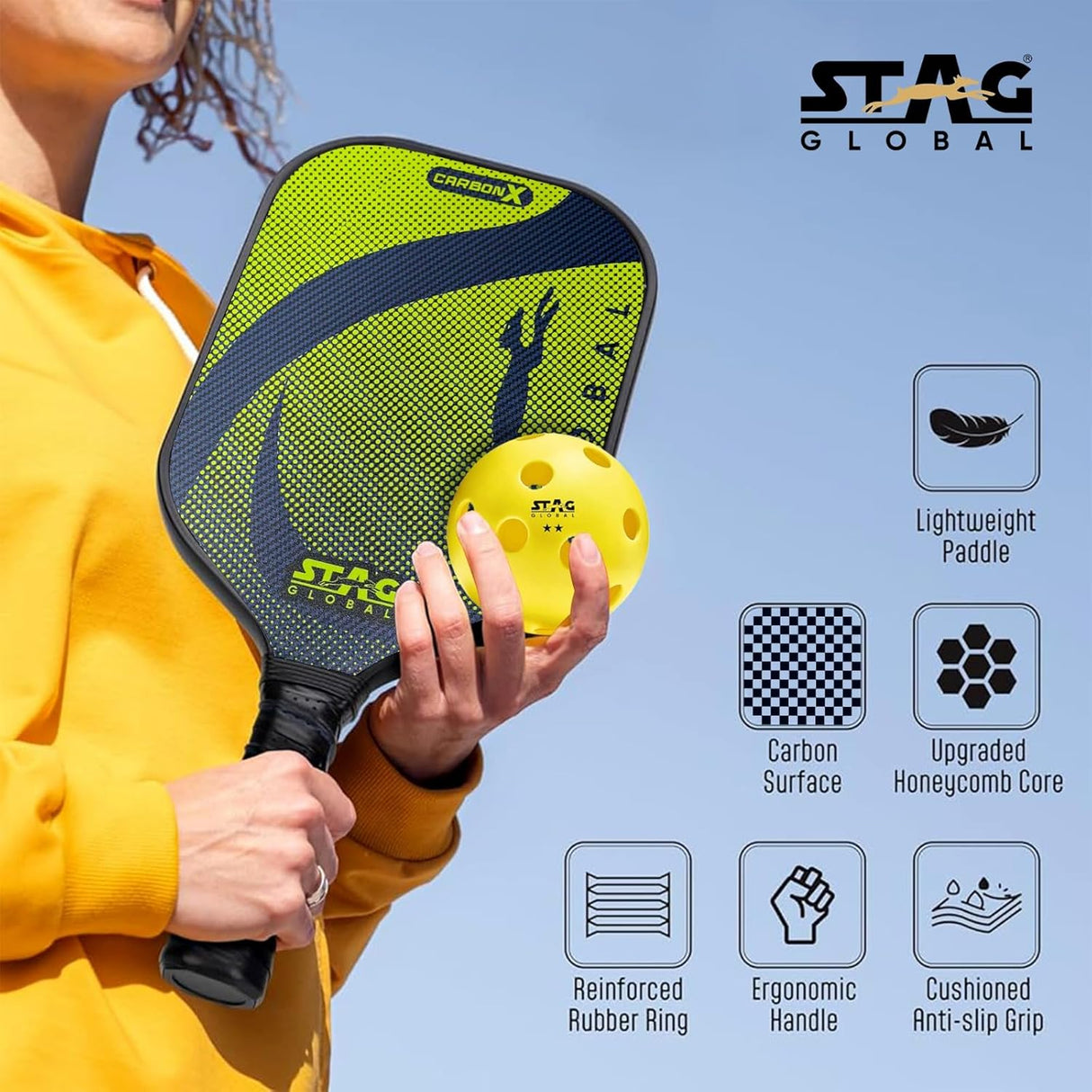 STAG GLOBAL Carbon X Pickleball Bat with 3 Balls and Cover | 12mm Pickleball Paddle