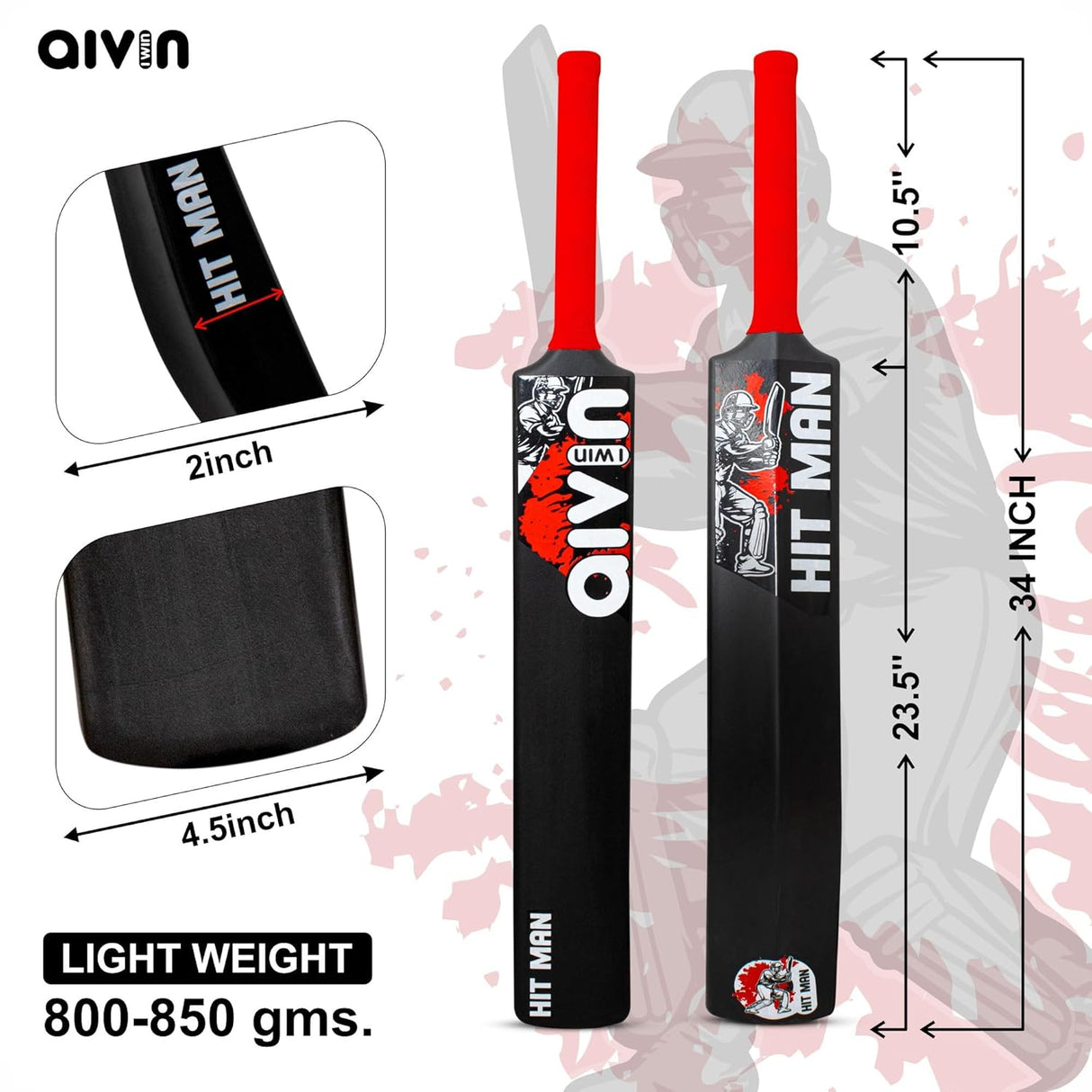 Aivin HIT-MAN Heavy Duty PVCPlastic Cricket Bat, Standrad Size (34” X 4”) Premium Bat for All Age Groups – BoysGirlsAdults Heavy Duty Black Plastic Cricket Bat (BlackRed)