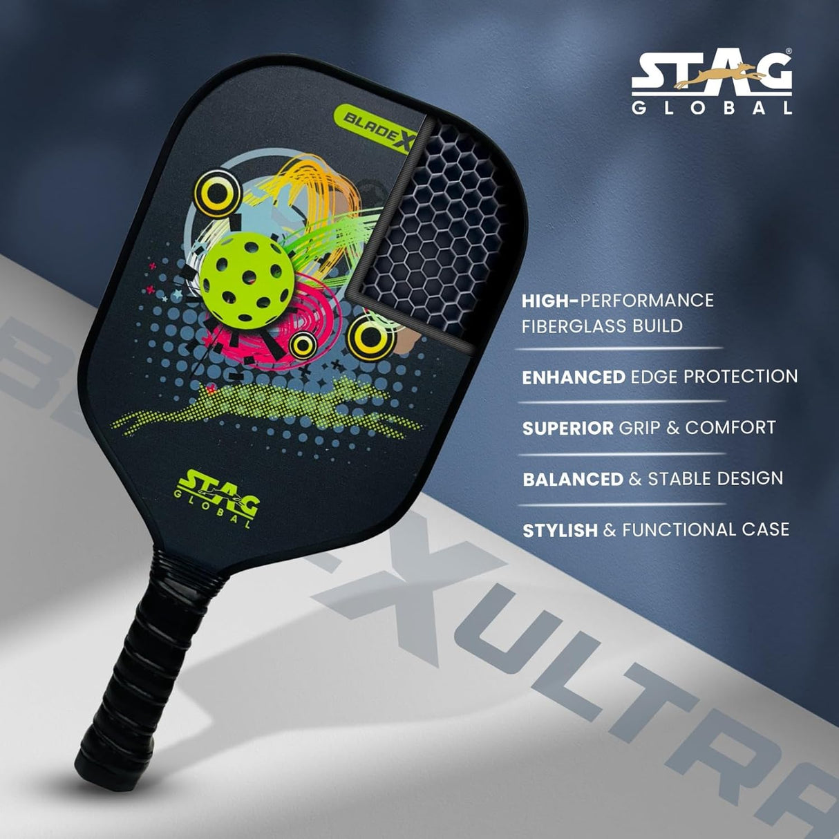 STAG GLOBAL Blade X Ultra Fiber Glass Pickleball Bat | 16mm Precision Paddle | Vegan Leather Case With 3 Outdoor Pickle Balls