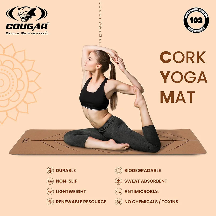 COUGAR Cork Rubber Yoga Mat for Women and Men 8 MM Thick Exercise Yoga Mat for Workout, Yoga, Fitness, Exercise Mat Anti Slip Mat, Yoga Mat 8 mm Gym Mat