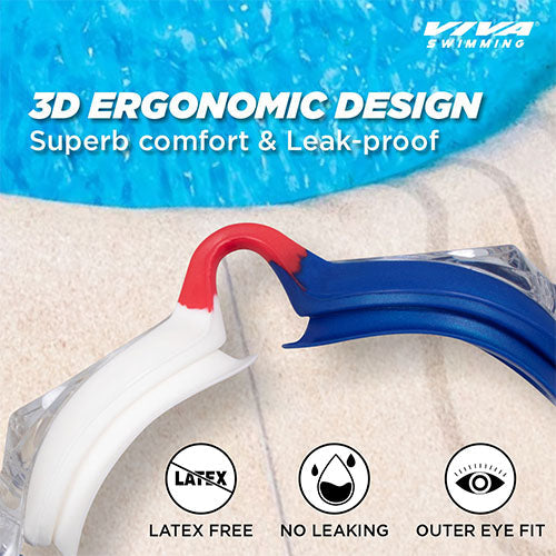 Viva Swimming USA Country Color 3D Ergonomic Design|UV Protection, Anti Fog, Leak-Proof Goggle with Adjustable Straps & Nose Clip|Professional Swimming Goggles for Kids, Men & Women with Protection Case Kit
