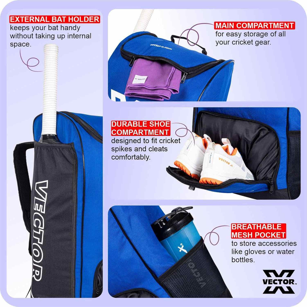 Vector X Greenfield Pro 60 Ltr. PU Polyester Cricket Backpack Senior Kit With Wheel Trolley Bag|1 Pocket for Bat|Shoe & Accessories Pockets|1 Water Bottle Holders|Lightweight|Dual Opening (Blue-Black)