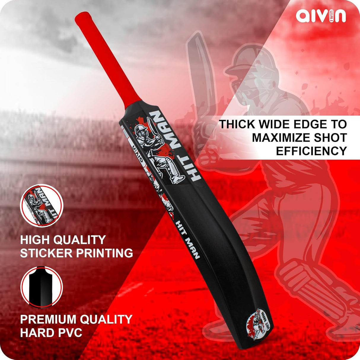 Aivin HIT-MAN Heavy Duty PVCPlastic Cricket Bat, Standrad Size (34” X 4”) Premium Bat for All Age Groups – BoysGirlsAdults Heavy Duty Black Plastic Cricket Bat (BlackRed)