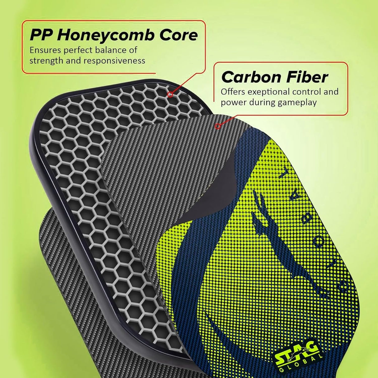 STAG GLOBAL Carbon X Pickleball Bat with 3 Balls and Cover | 12mm Pickleball Paddle