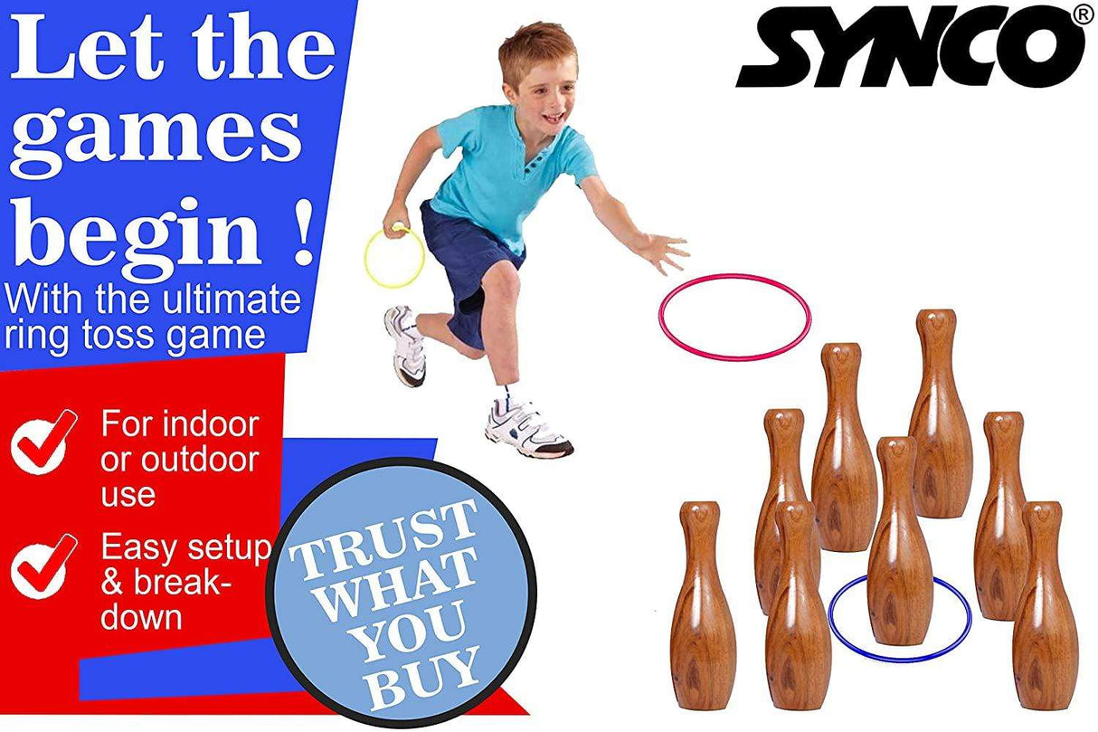 Synco Wooden Lawn Bowling & Ring Toss Game for Kids and Adults | 2-in-1 Game Set