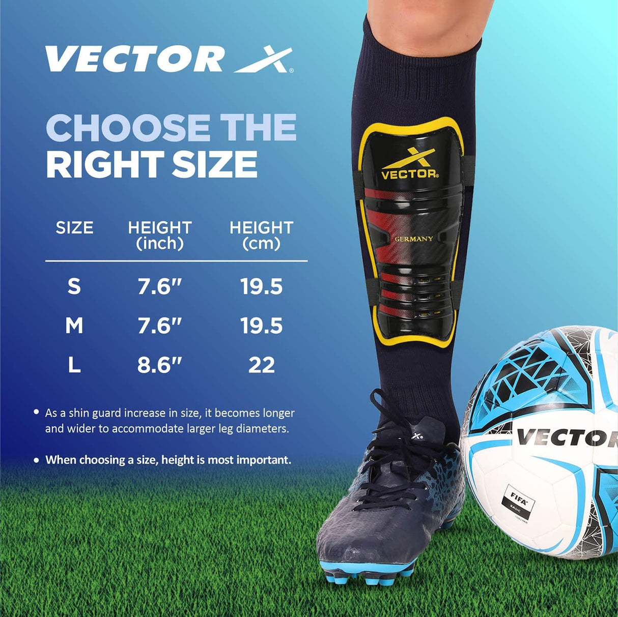Vector X Germany Shin Guards Soccer with Adjustable Straps for Boys Girls Teenagers Adults - Comfortable and Durable-S/M