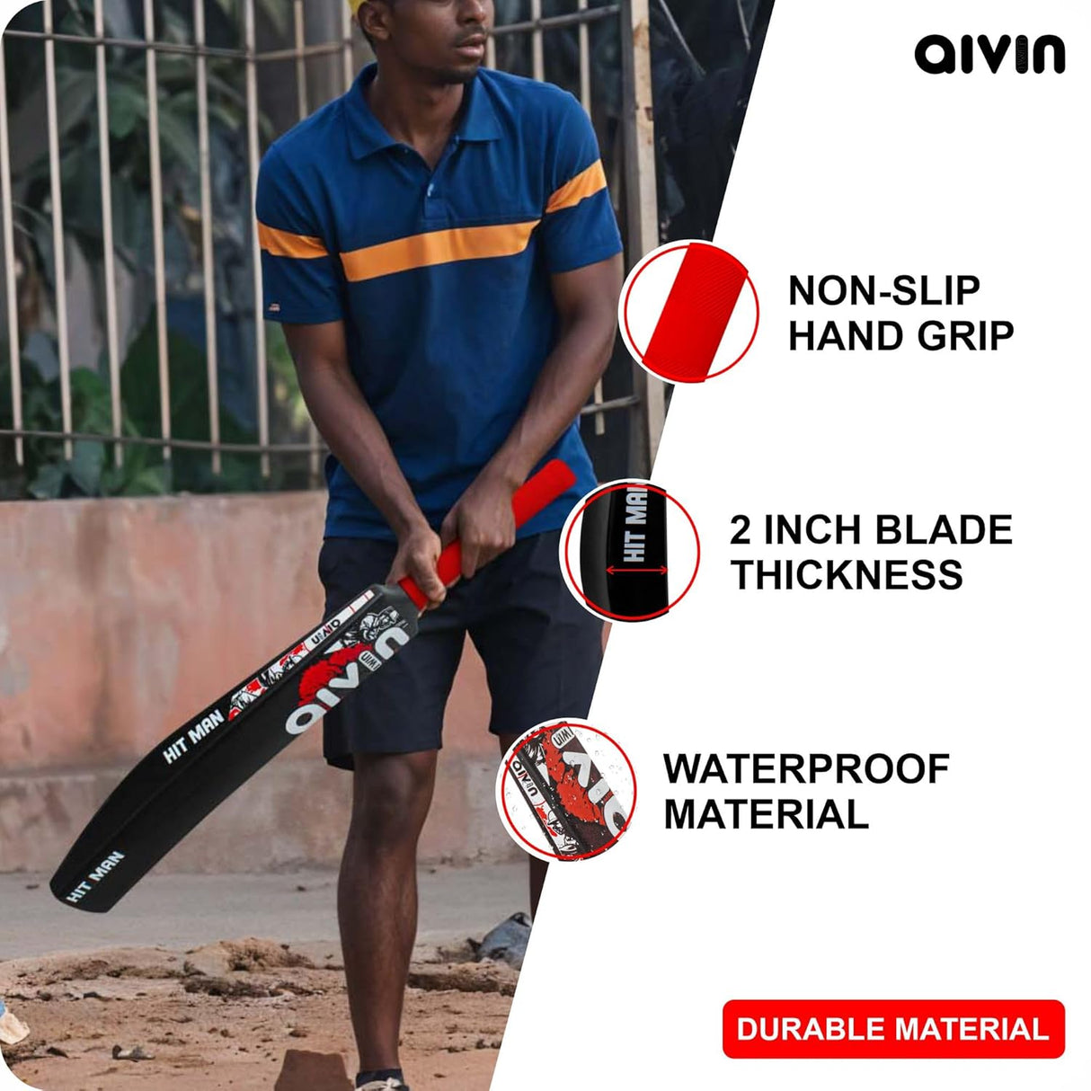 Aivin HIT-MAN Heavy Duty PVCPlastic Cricket Bat, Standrad Size (34” X 4”) Premium Bat for All Age Groups – BoysGirlsAdults Heavy Duty Black Plastic Cricket Bat (BlackRed)