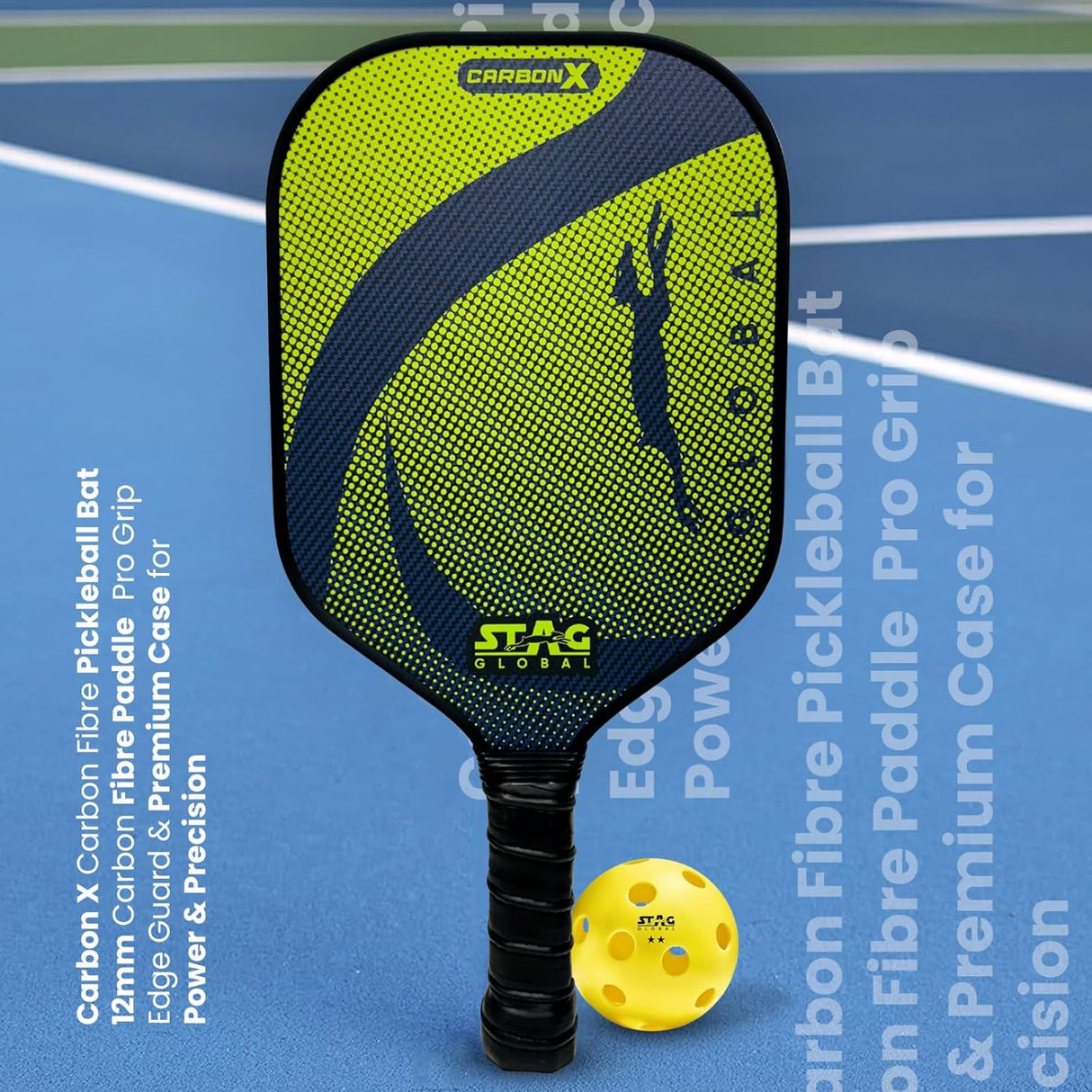 STAG GLOBAL Carbon X Pickleball Bat with 3 Balls and Cover | 12mm Pickleball Paddle