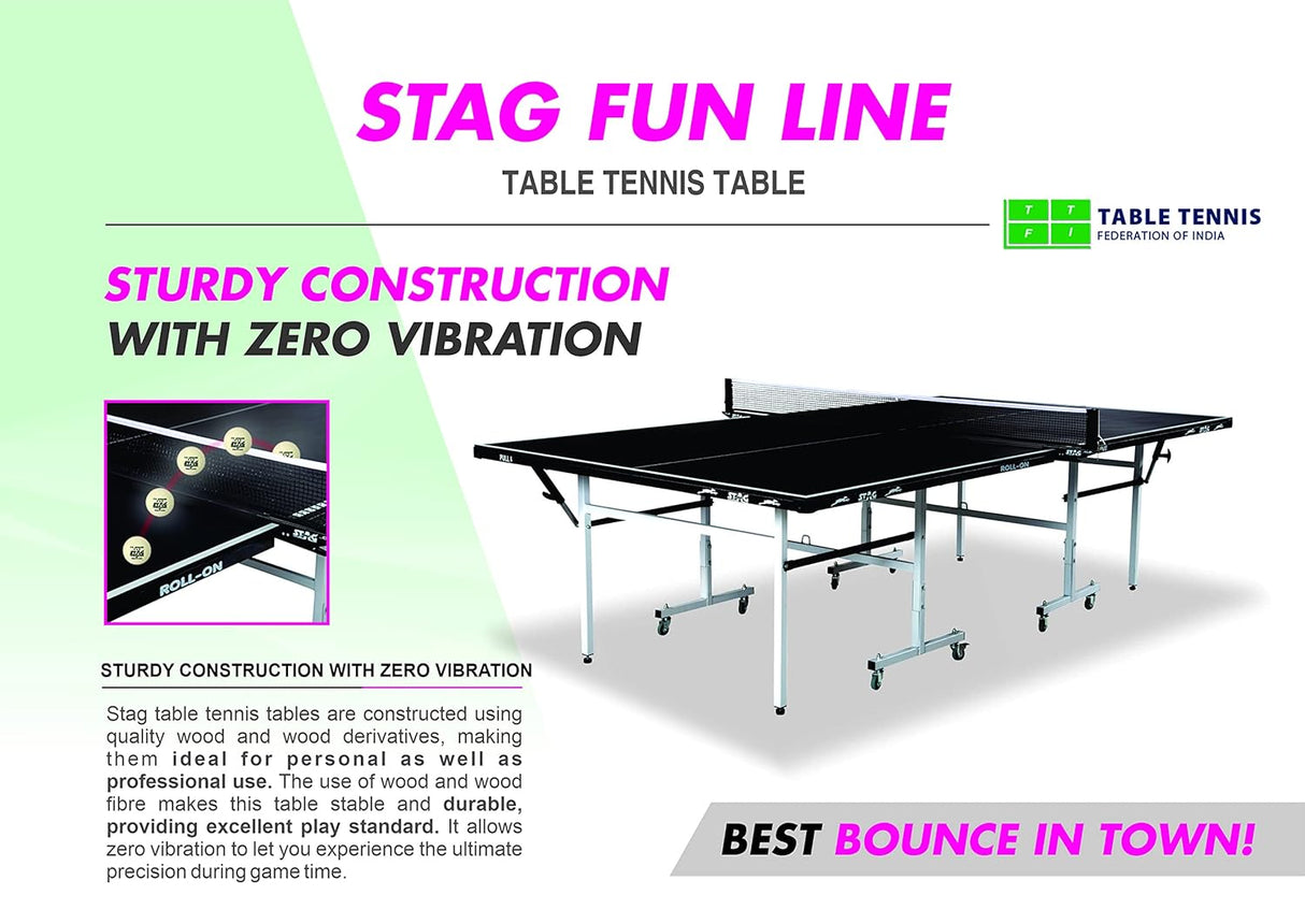 STAG GLOBAL Fun Line Professional Table Tennis (T.T) Table – 15mm Black Table With 2 TT Rackets, 6 Balls, 1 Table Cover & Clamp Net
