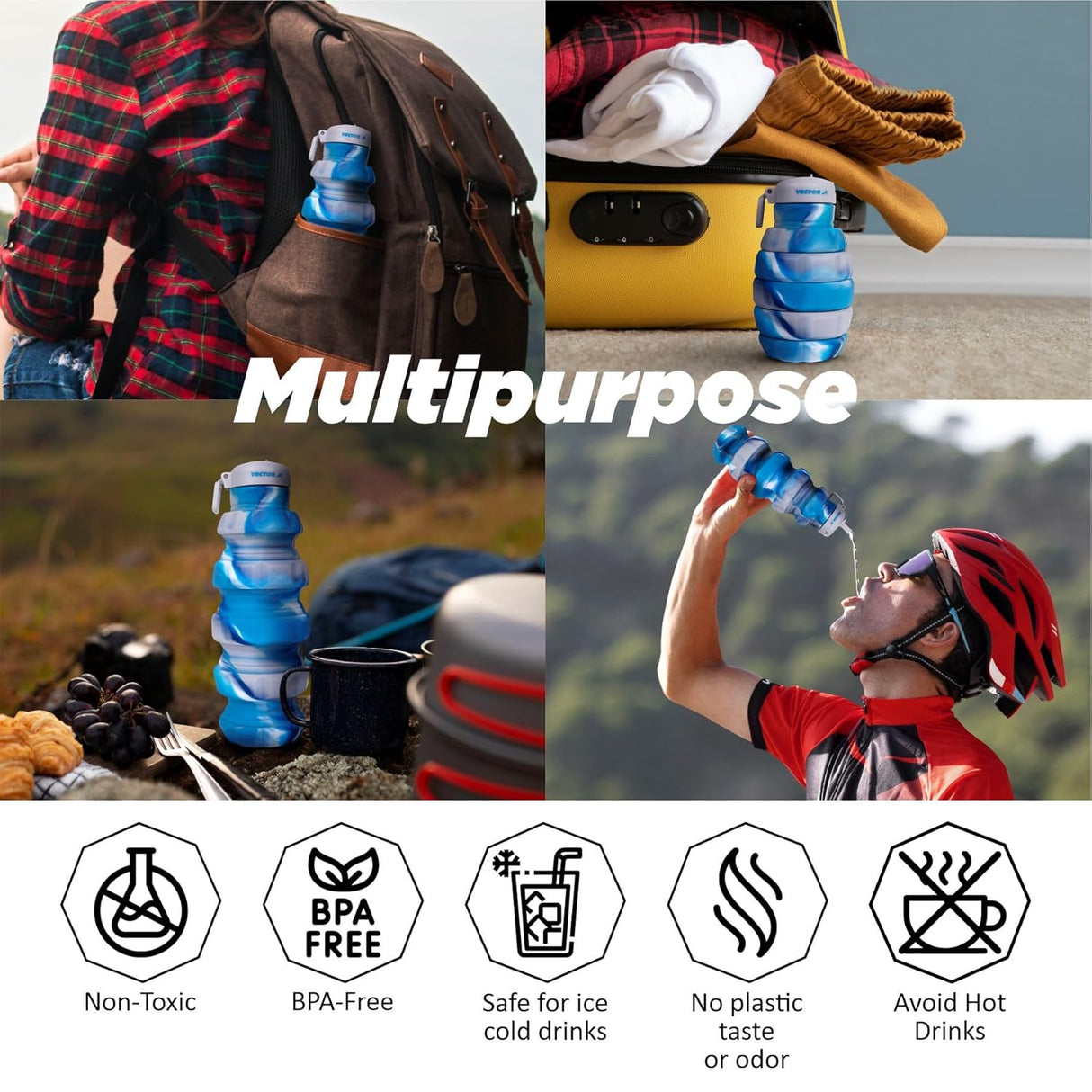 Vector X Flexible Portable Water Bottle with Flip Top Lid for Travel, Hiking, Camping 500 ml Bottle (Pack of 1,Silicone)