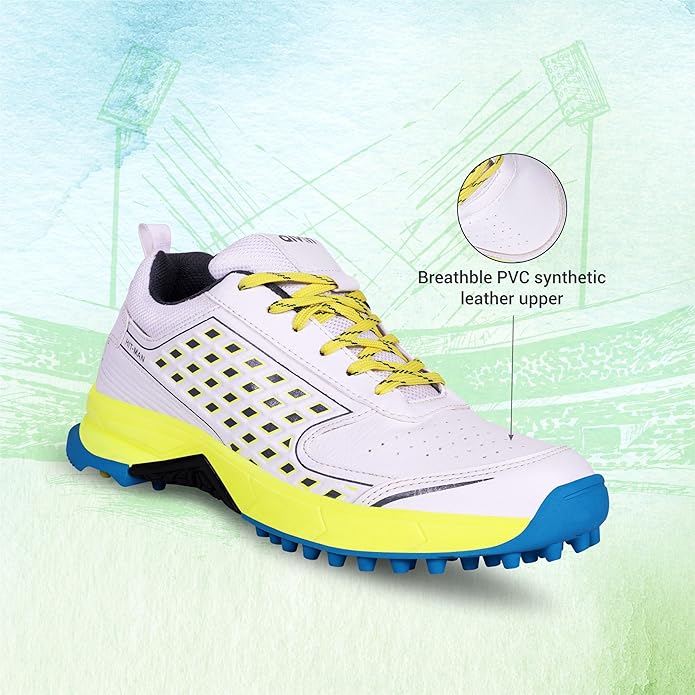 Aivin Hit-Man CRICKET SHOES for MEN, SPORTS SHOES,Rubber Stud Outsole with Mesh, CRICKET SHOES,Advanced Durable and Flexible EVA, White/Yellow
