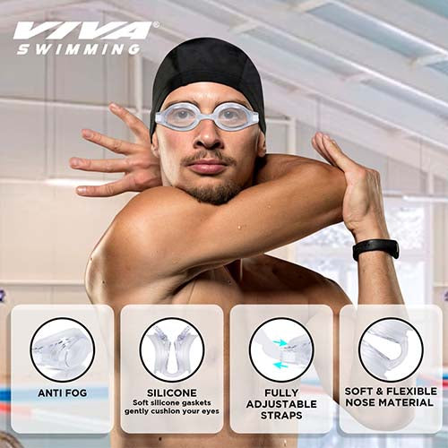 Viva Swimming Flex 3D Ergonomic Design Anti Fog & Crystal Clear View Silicone Swimming Goggle| Anti-Slip & Adjustable Straps| Case Packing (Black)