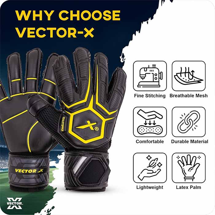 Vector X Goal Stopper Goalkeeper Gloves, Soccer Gloves, Goalie Gloves, Breathable Football Gloves| 4mm Latex Material to Give Protection| for Kids Youth & Adult (Black)