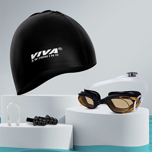 Viva Swimming Combo 616 Swimming Goggles & Swimming Cap, 2 Ear Plug With Nose Clip Swimming Kit Anti-Fog, UV Protection For Adults, Boys, Men