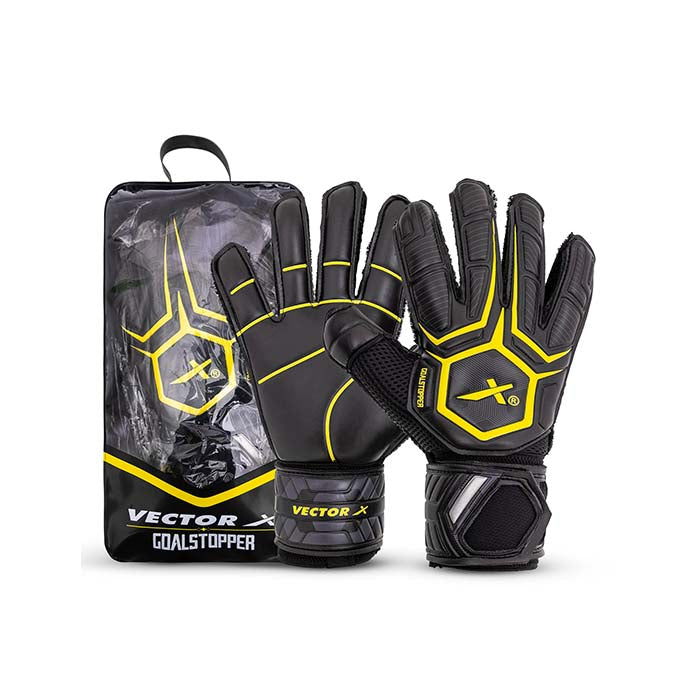 Vector X Goal Stopper Goalkeeper Gloves, Soccer Gloves, Goalie Gloves, Breathable Football Gloves| 4mm Latex Material to Give Protection| for Kids Youth & Adult (Black)