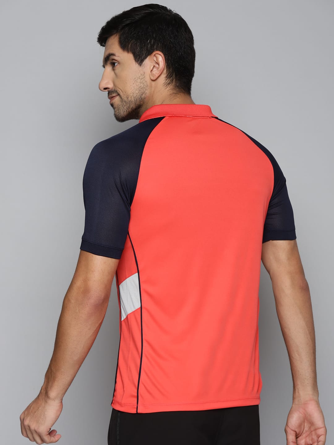 ALCIS Men Red & Navy Blue Colourblocked Polo Collar Slim Fit Running T-shirt