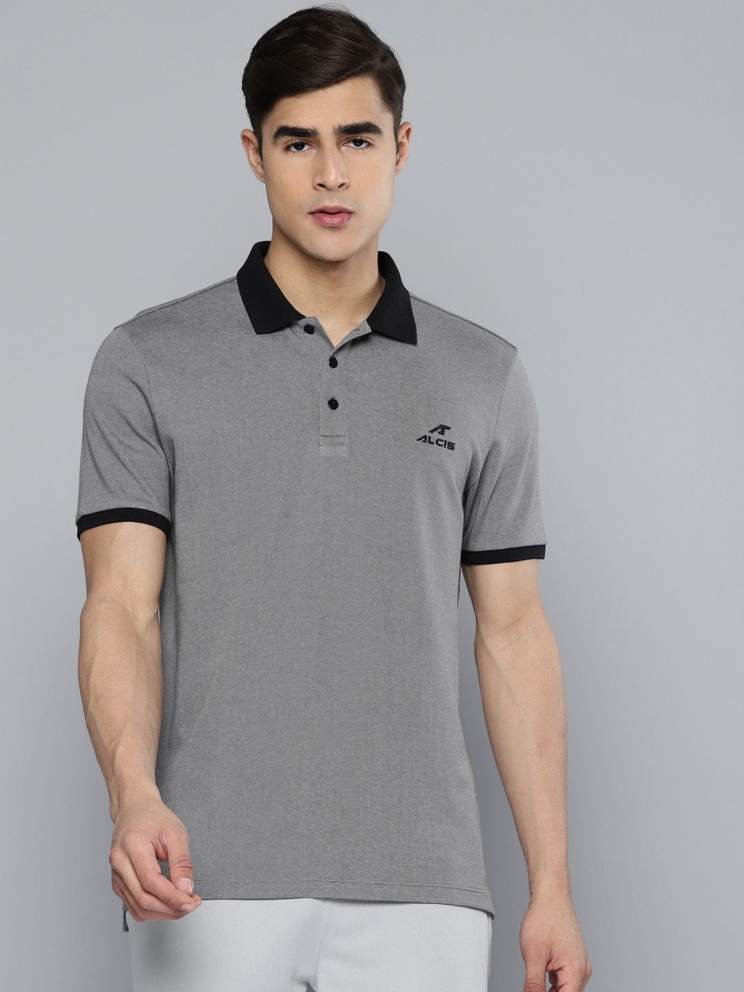 Alcis Men Grey Black Polo Collar T-shirt