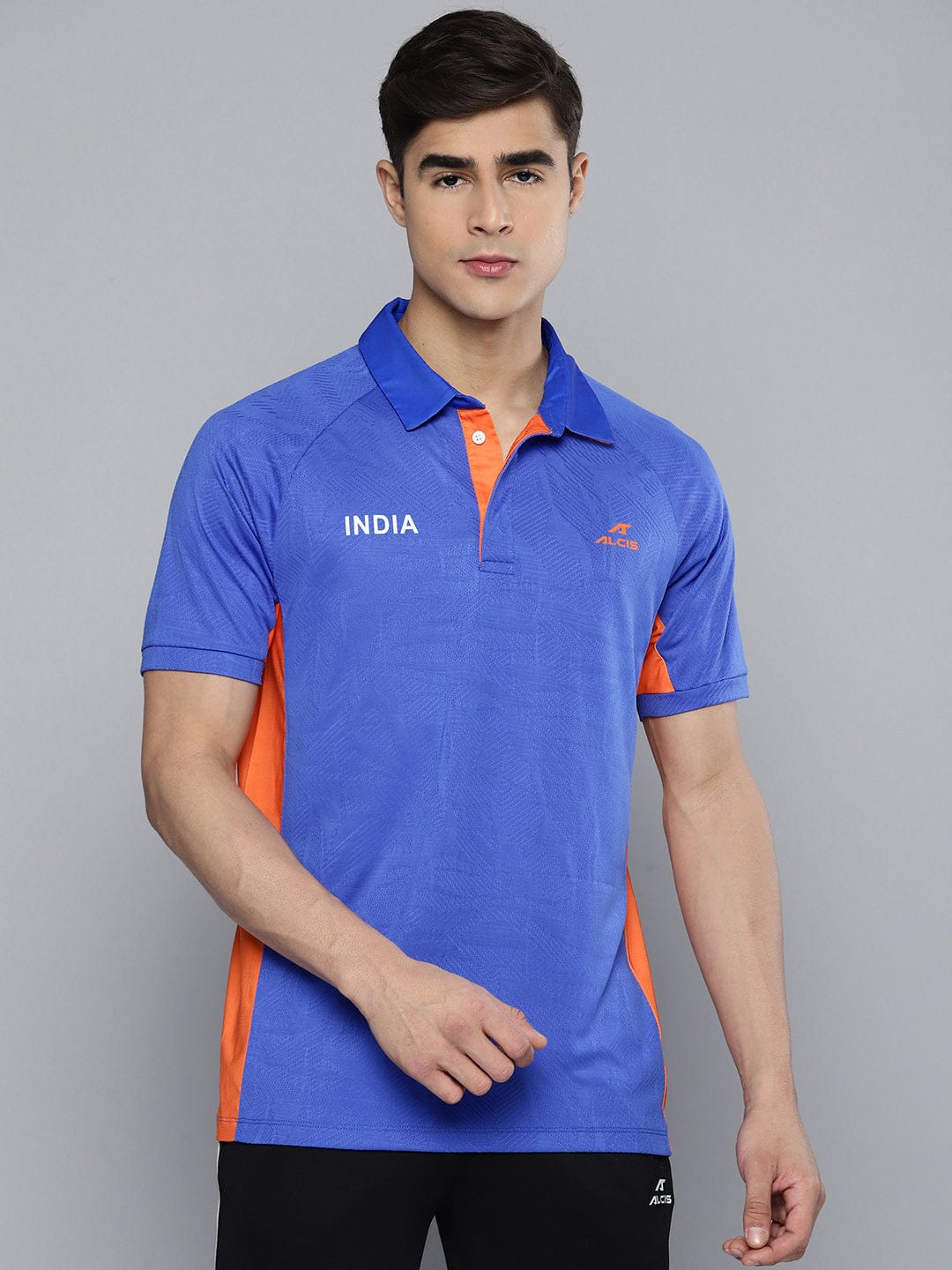 Alcis Men's Blue Orange Colourblocked Indian Cricket Team Polo Collar T-shirt