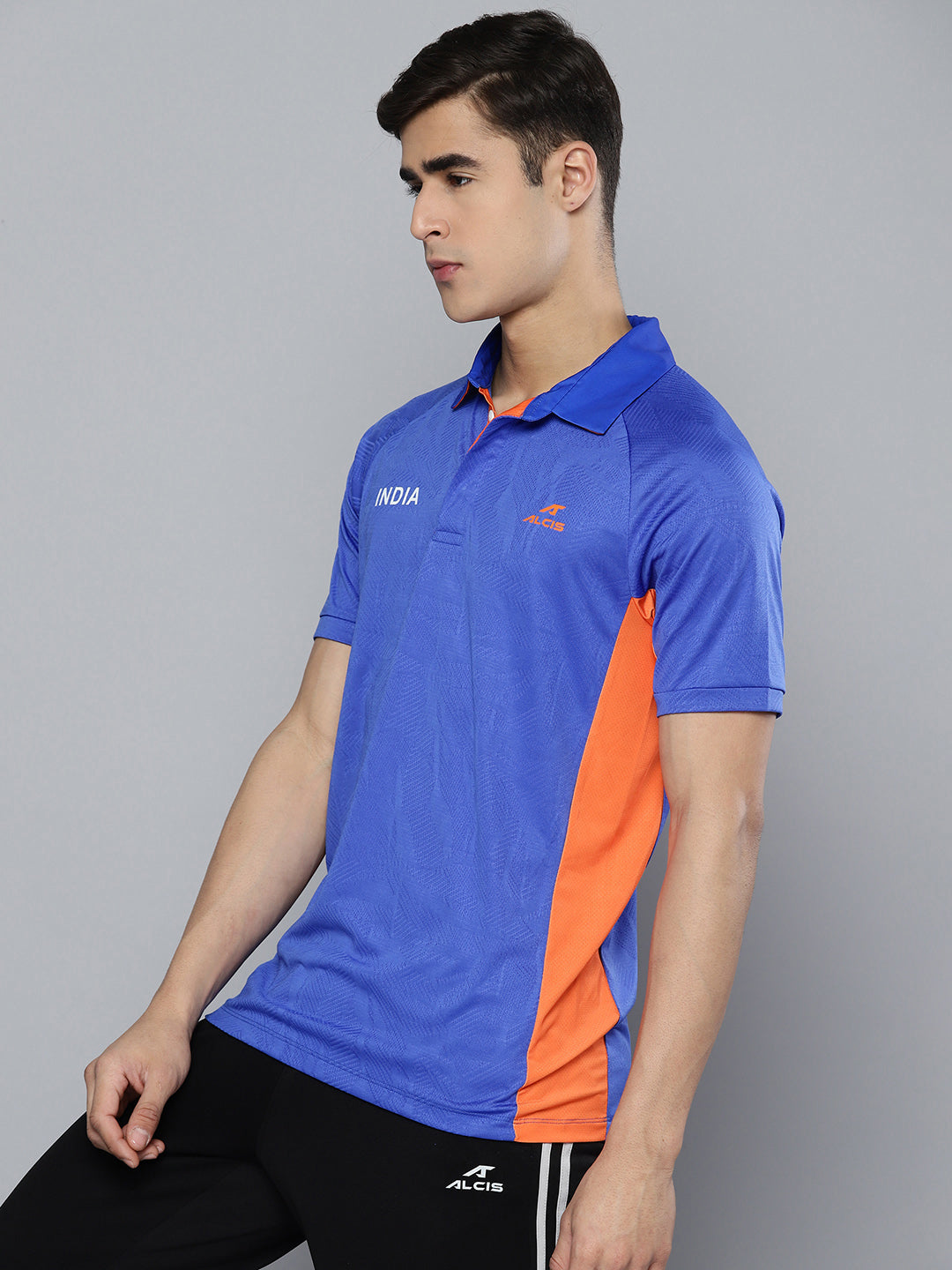 Alcis Men's Blue Orange Colourblocked Indian Cricket Team Polo Collar T-shirt