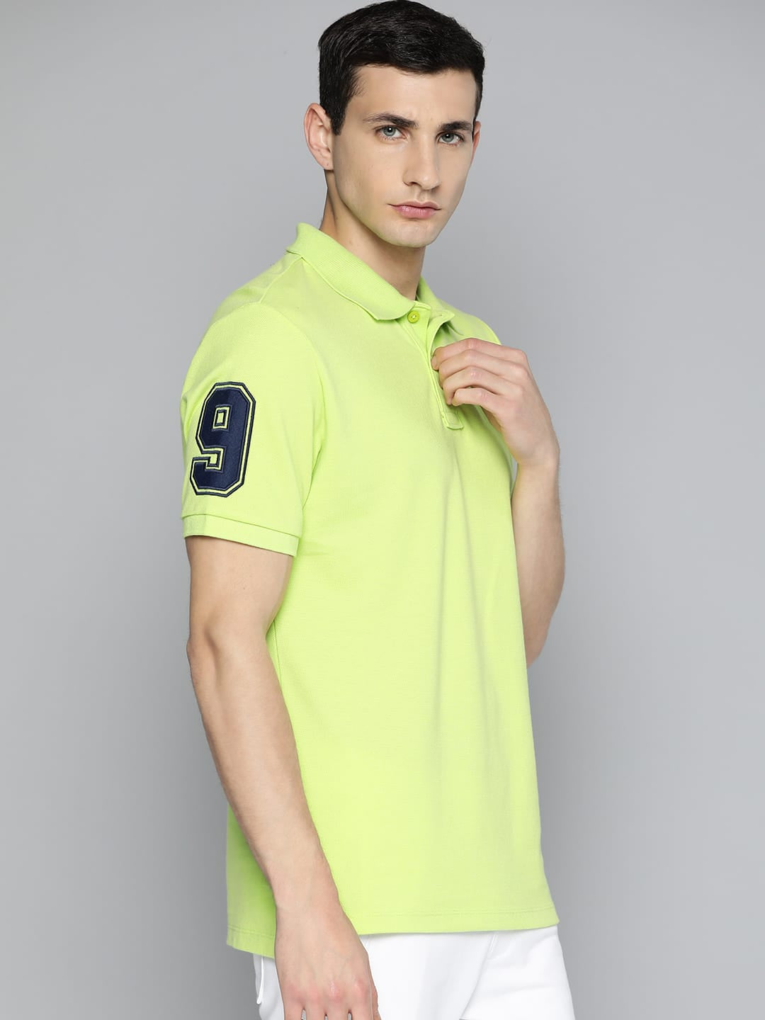Alcis Men Lime Green Typography Printed Polo Collar Slim Fit T-shirt