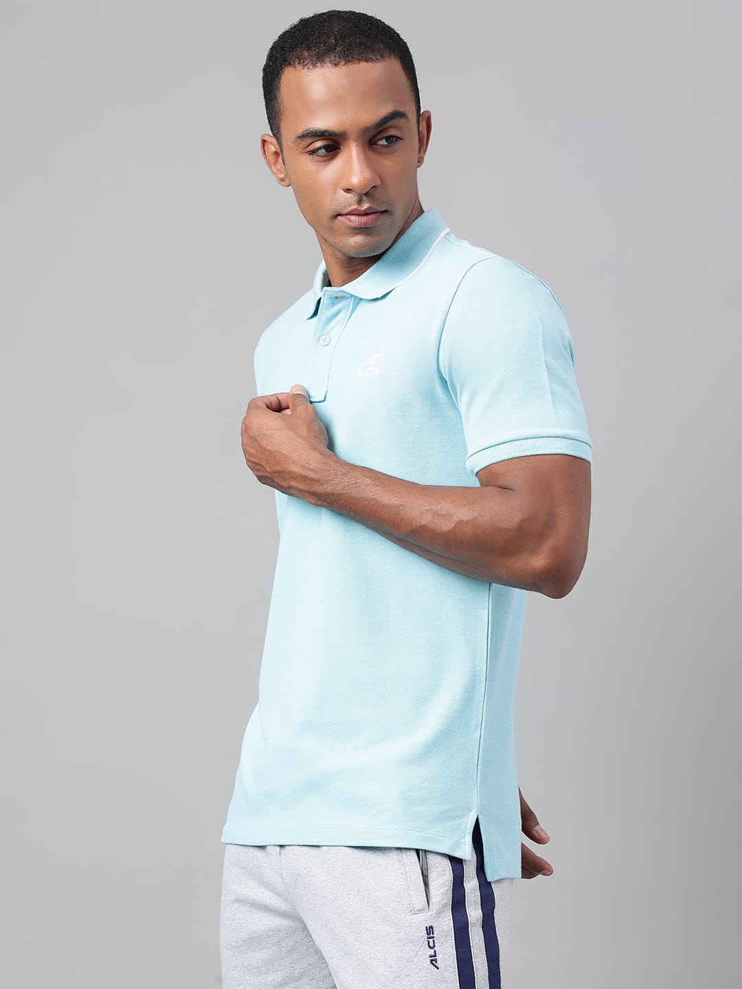 Alcis Men's Sky Blue Melange Soft-Touch Regular-Fit Athleisure Polo T-Shirt