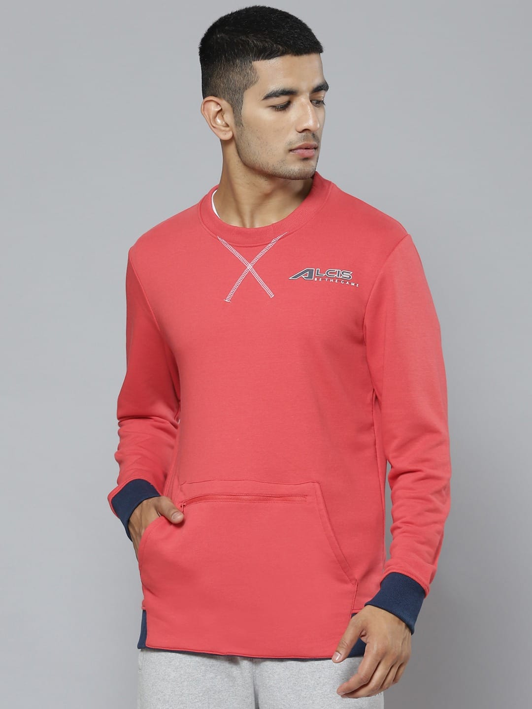 Alcis Men Red Navy Blue Colourblocked Sweatshirt