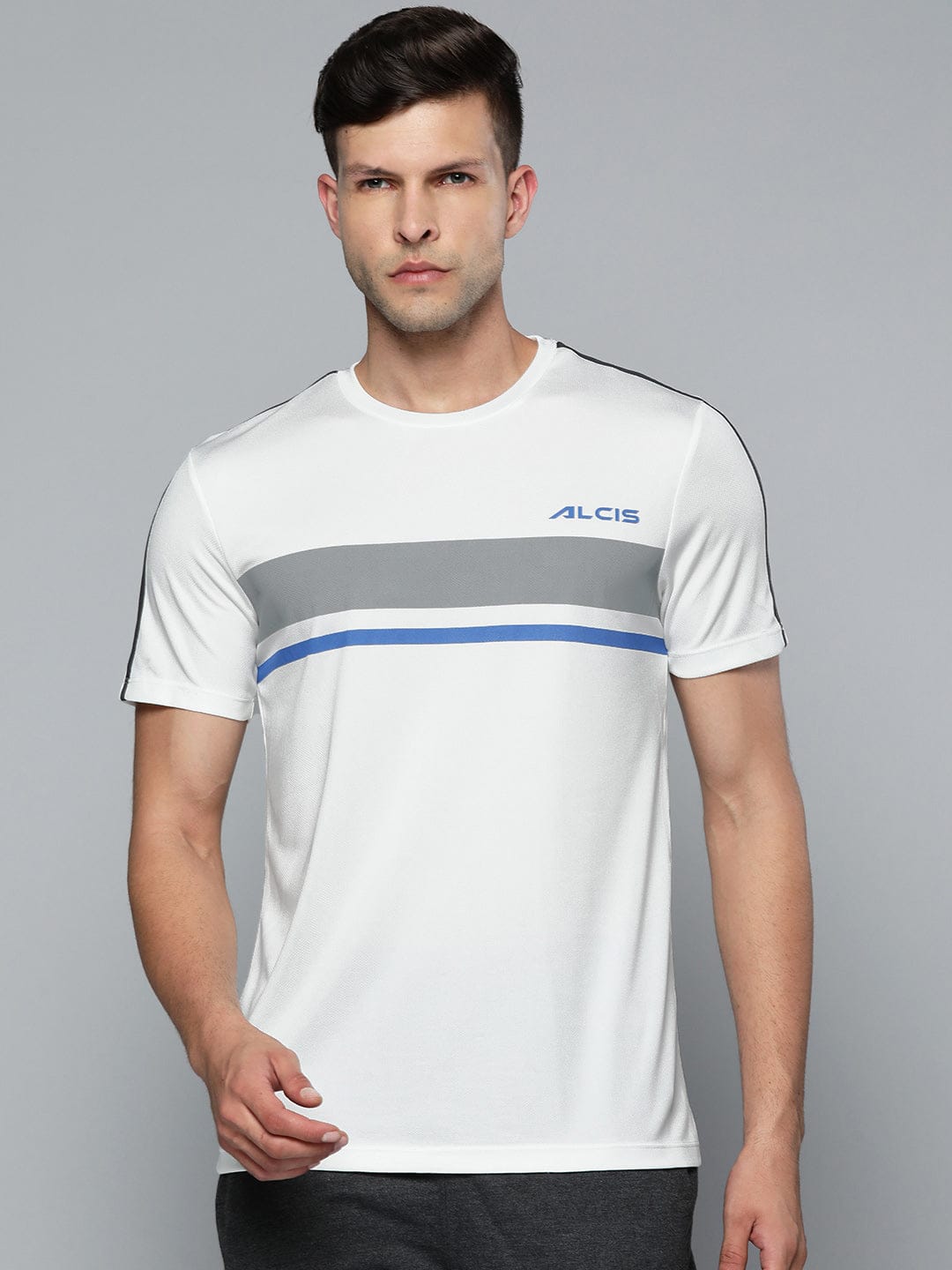 Alcis Men White & Grey Striped Slim Fit T-shirt