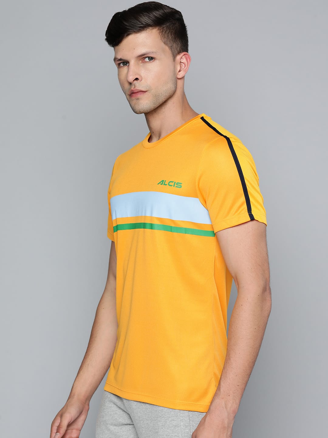 Alcis Men Yellow & Blue Striped Slim Fit T-shirt