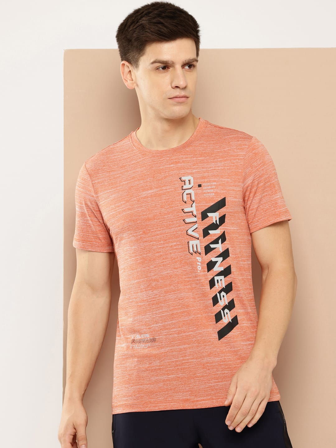 Alcis Men Peach Typography Printed Anti Static Slim Fit Sports T-shirt