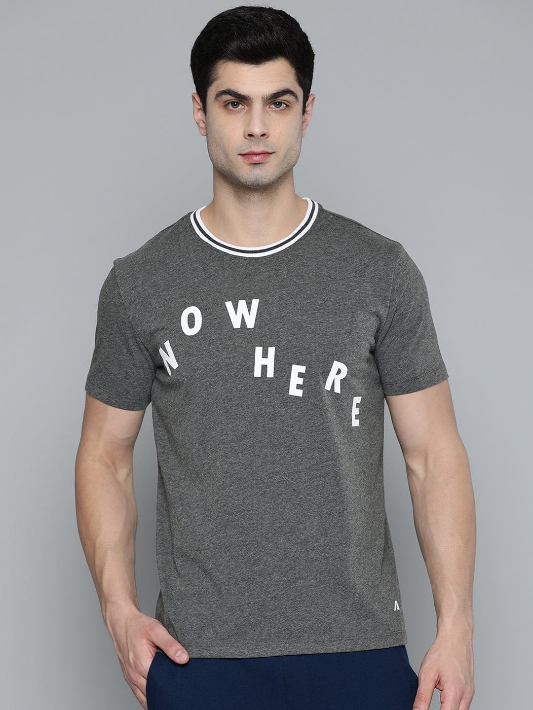 Alcis Men Charcoal Grey White Typography Printed T-shirt