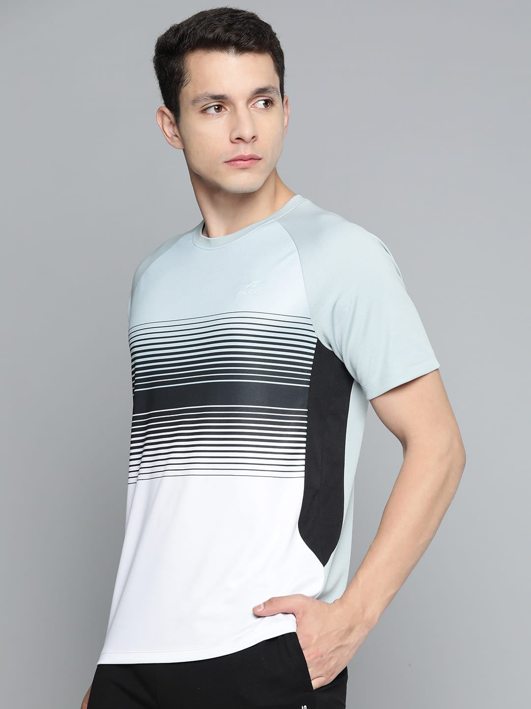 Grey Striped Dry Tech Slim Fit T-shirt