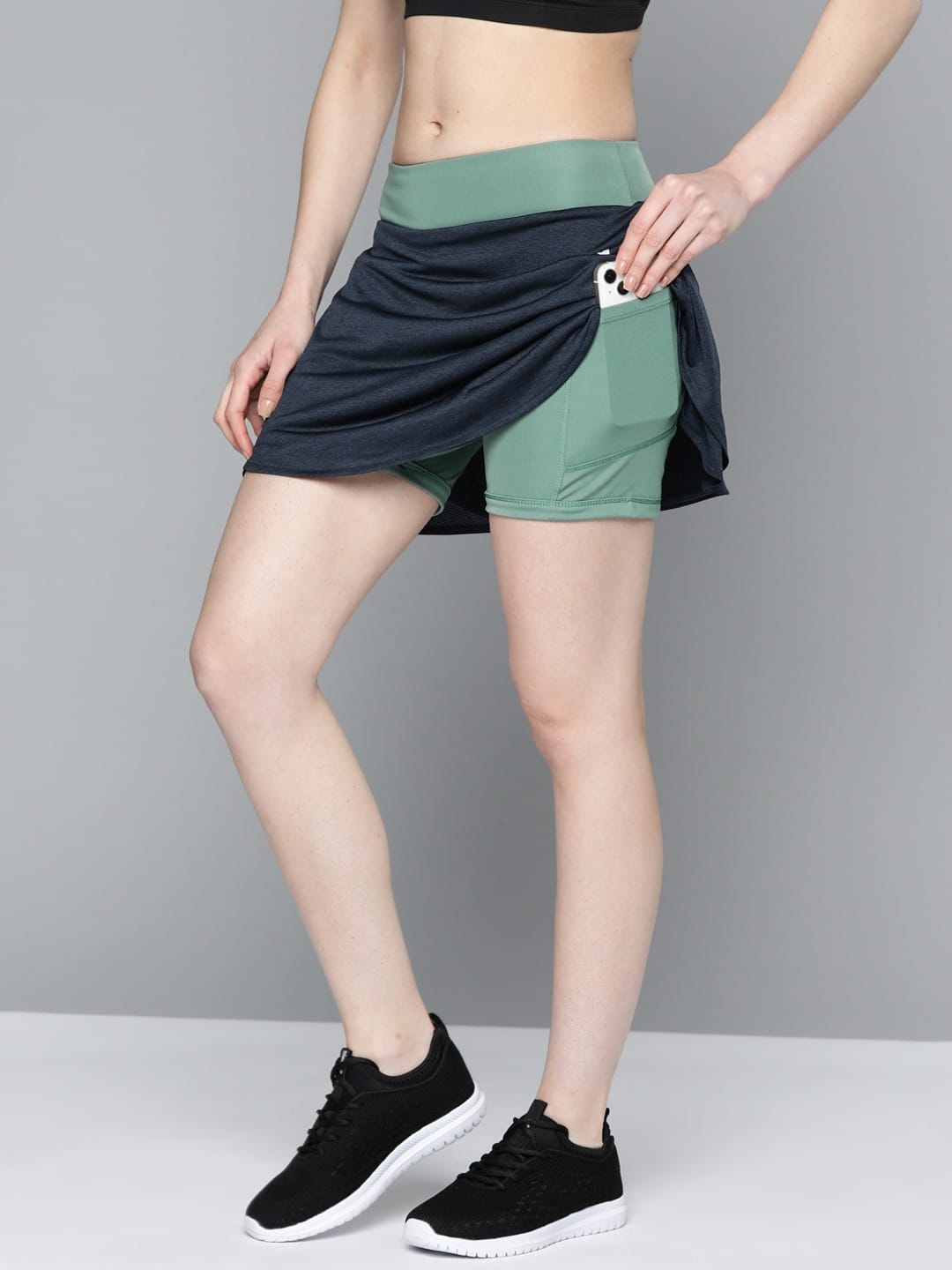 Alcis Women Navy Blue Green Solid Sports Wrap Mini Skirt
