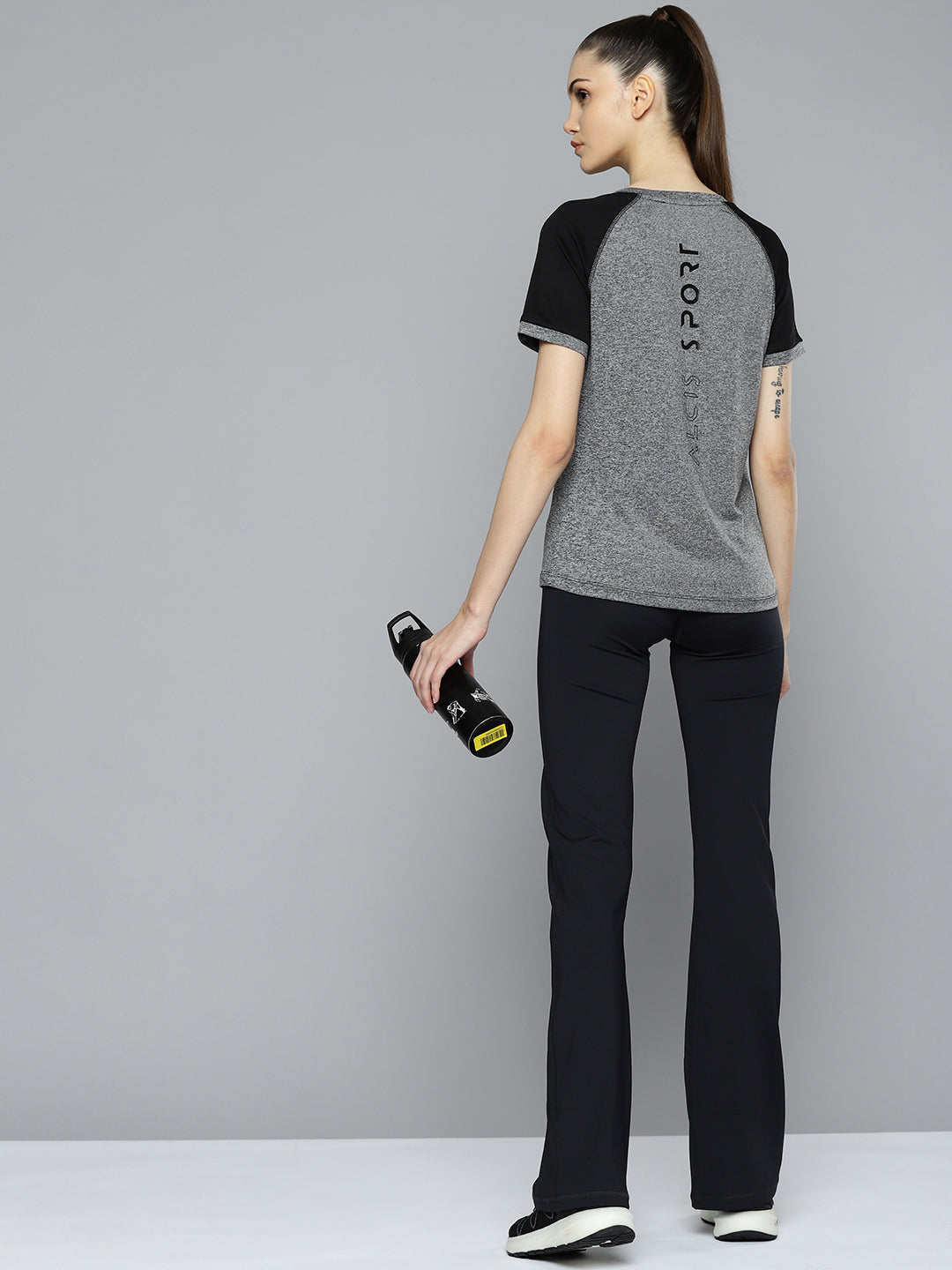 Alcis Women Grey Melange Black Slim Fit T-shirt