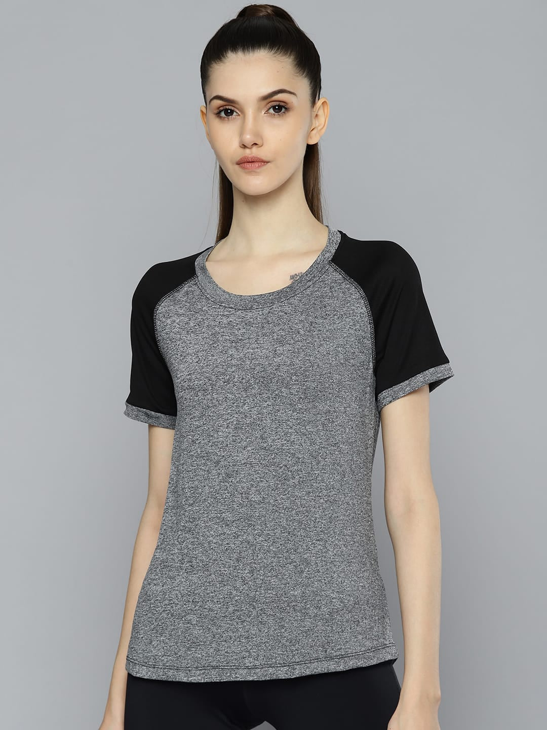 Alcis Women Grey Melange Black Slim Fit T-shirt
