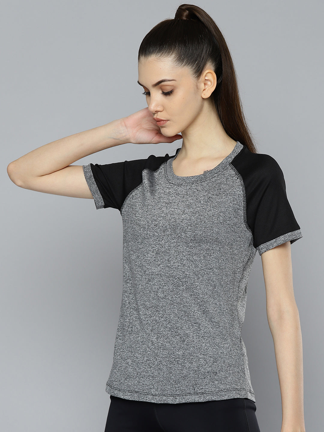 Alcis Women Grey Melange Black Slim Fit T-shirt