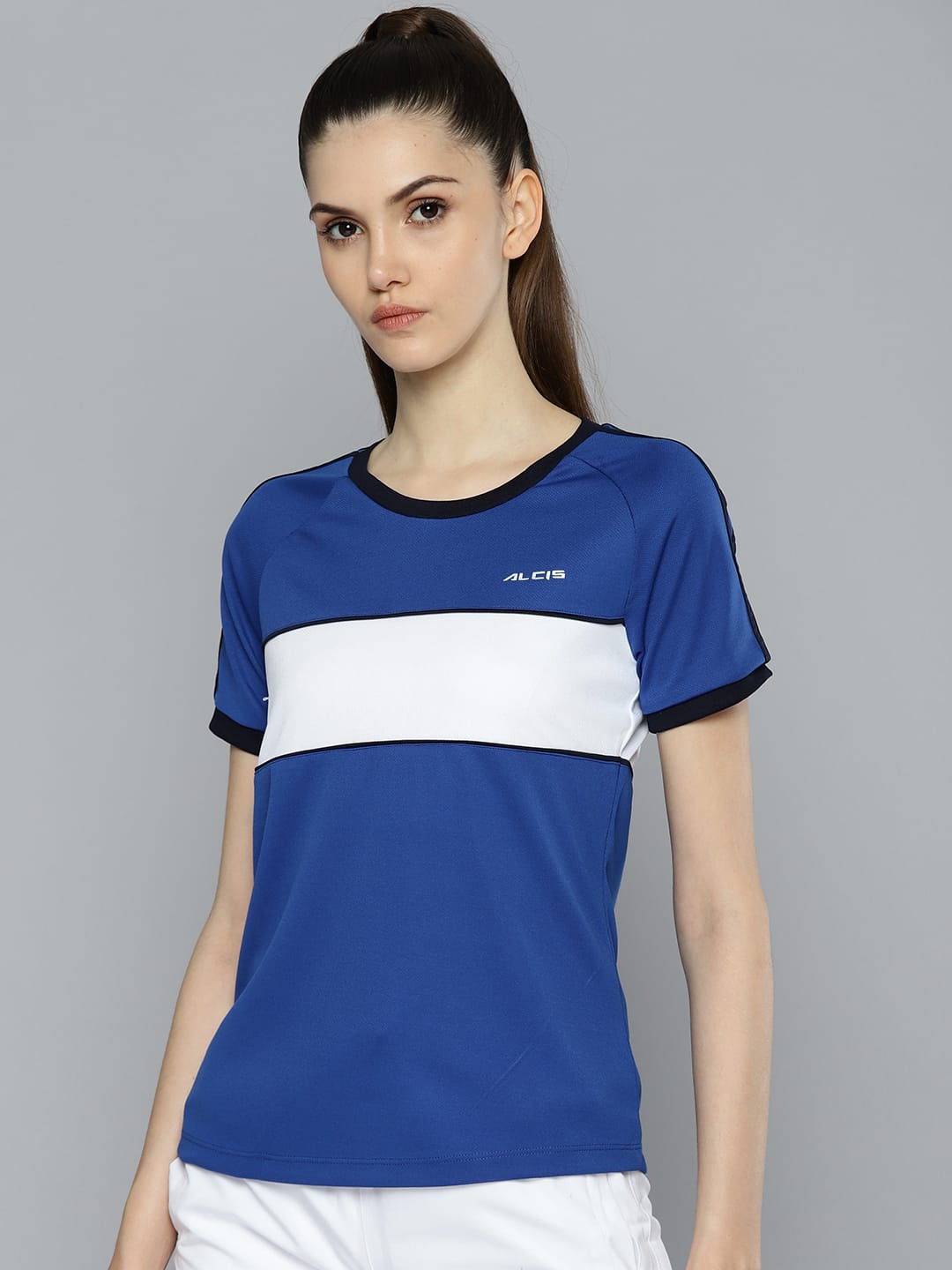 Alcis Women Blue White Colourblocked Slim Fit T-shirt